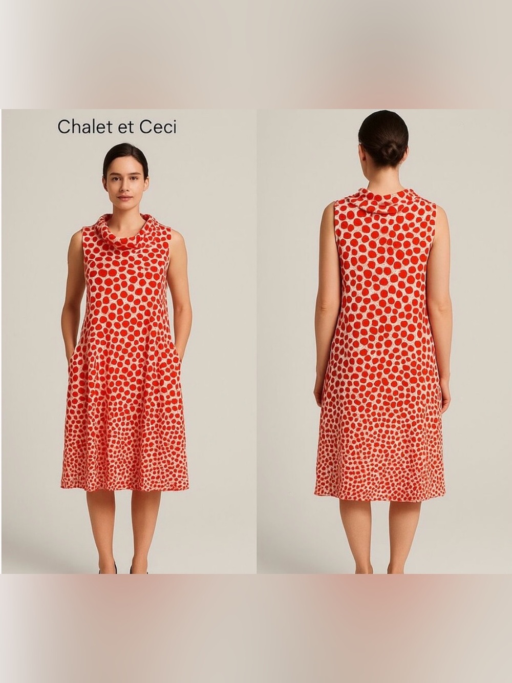 Chalet et Ceci Red Polka Dot Cowl Neck Midi Dress Size XS